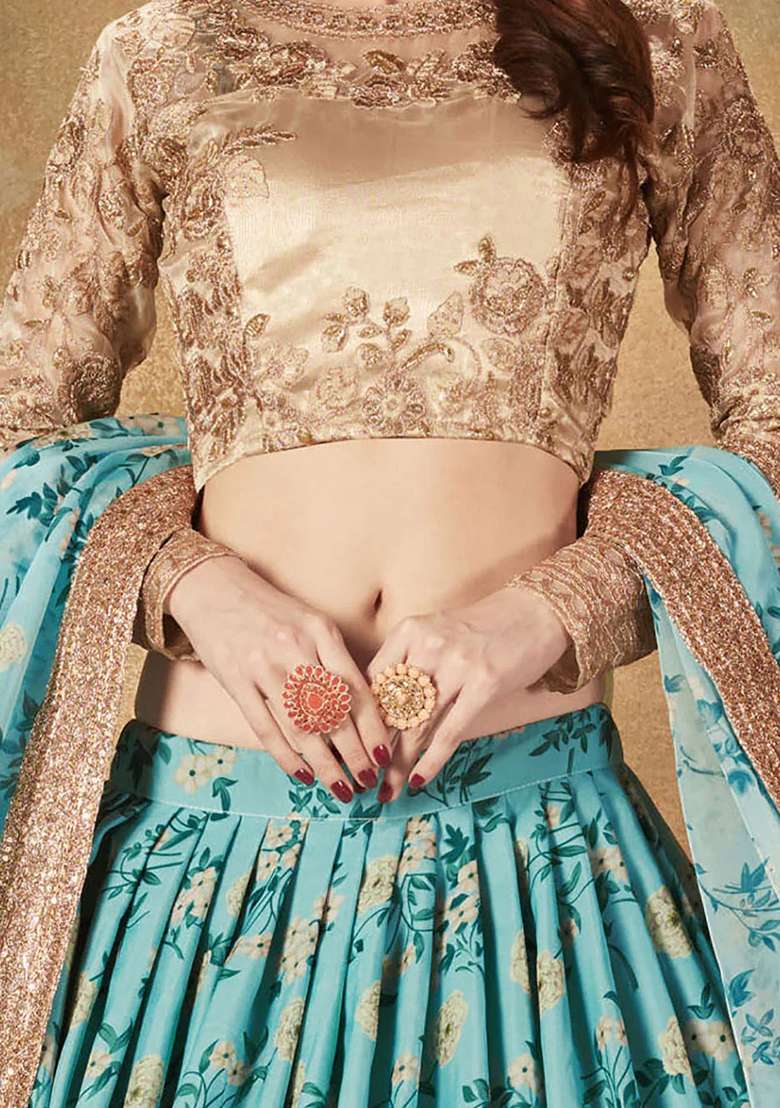 Sky Blue Organza Lehenga Set with Embroidered for Diwali | Wedding & Festive Wear - Indya