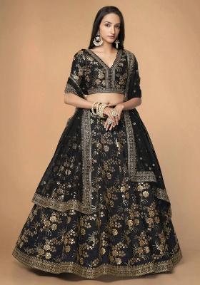 Black Embroidered Silk Lehenga Set