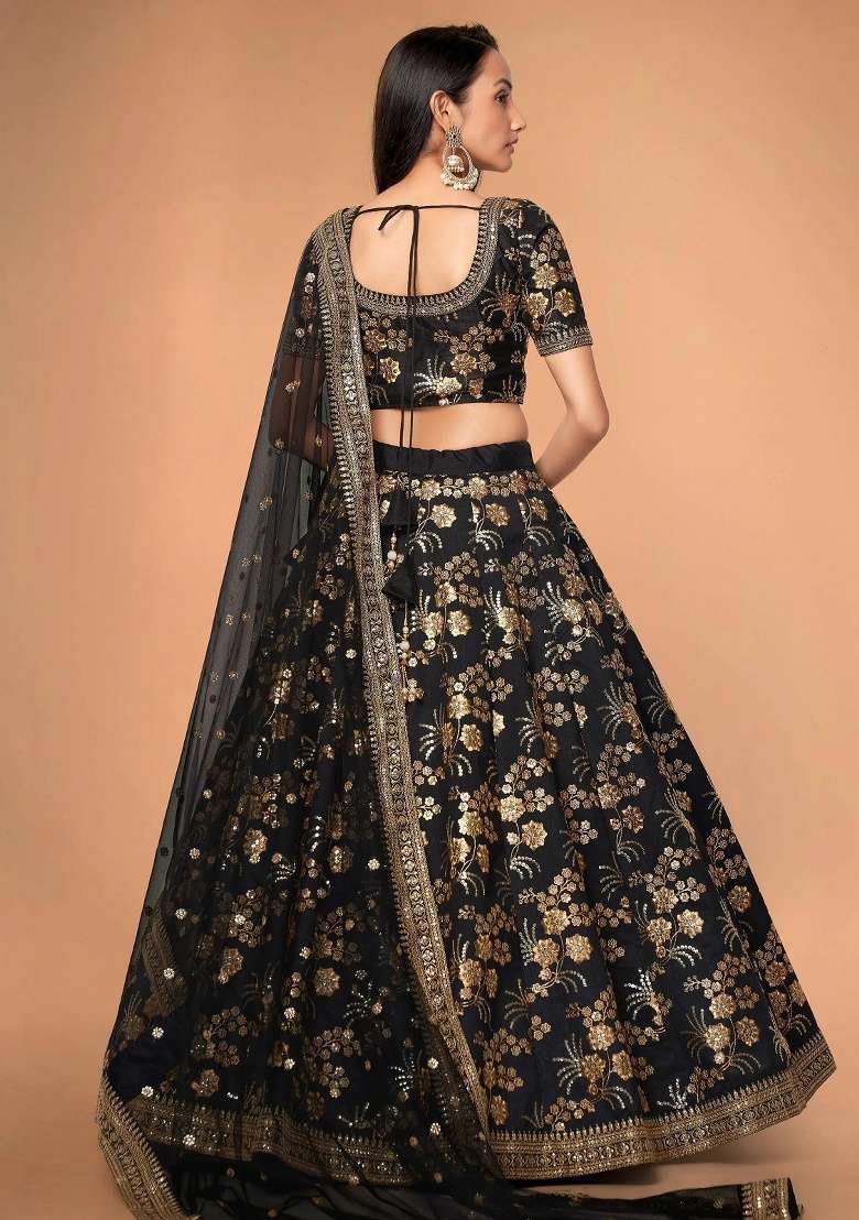 Black Embroidered Silk Blend Lehenga Set - Indya