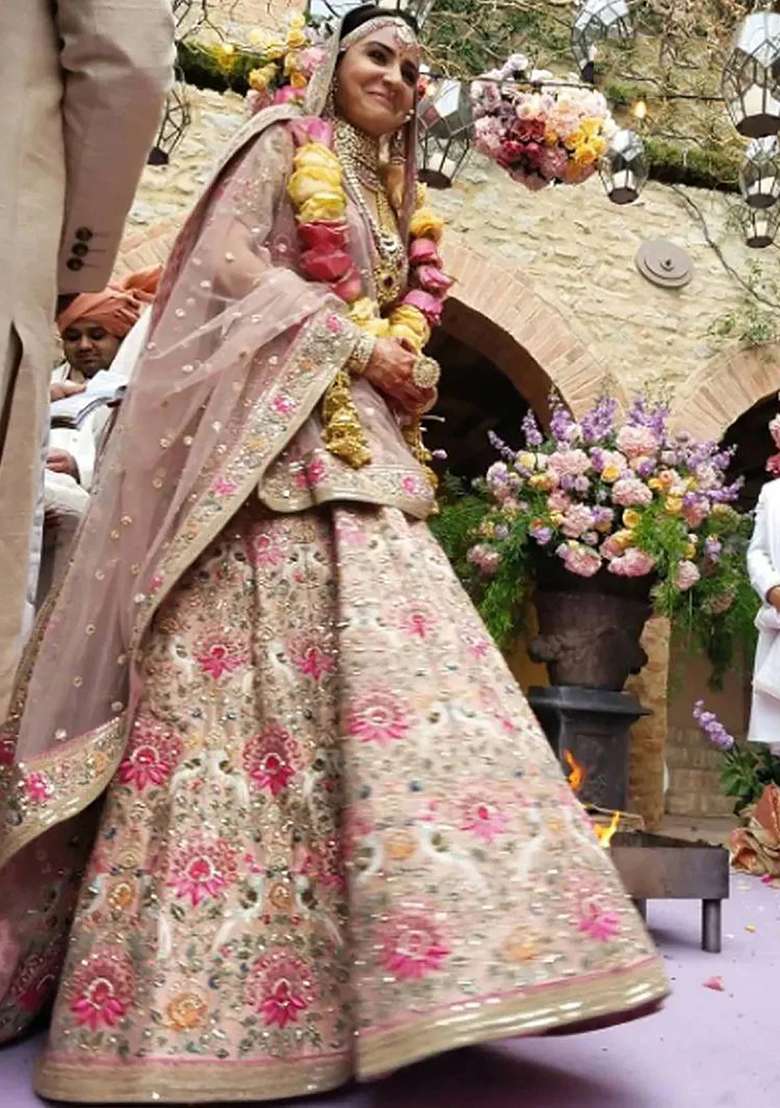 Peach Embroidered Taffeta Lehenga Set - Indya