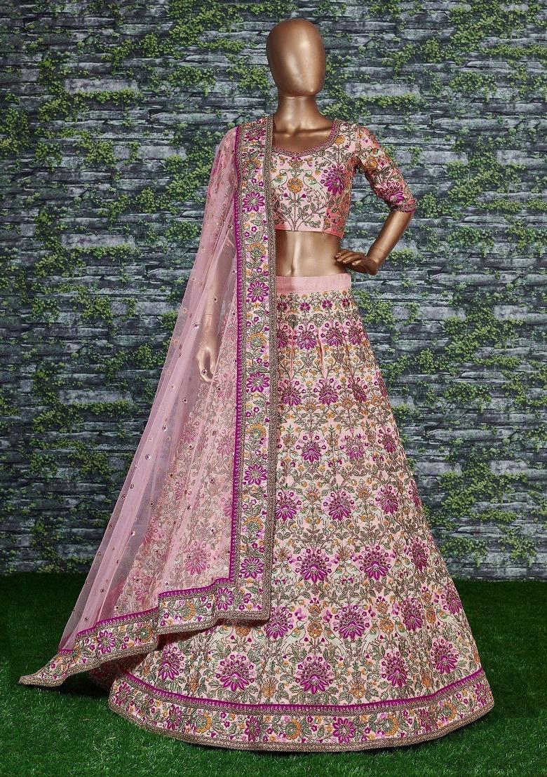 Peach Embroidered Taffeta Lehenga Set - Indya