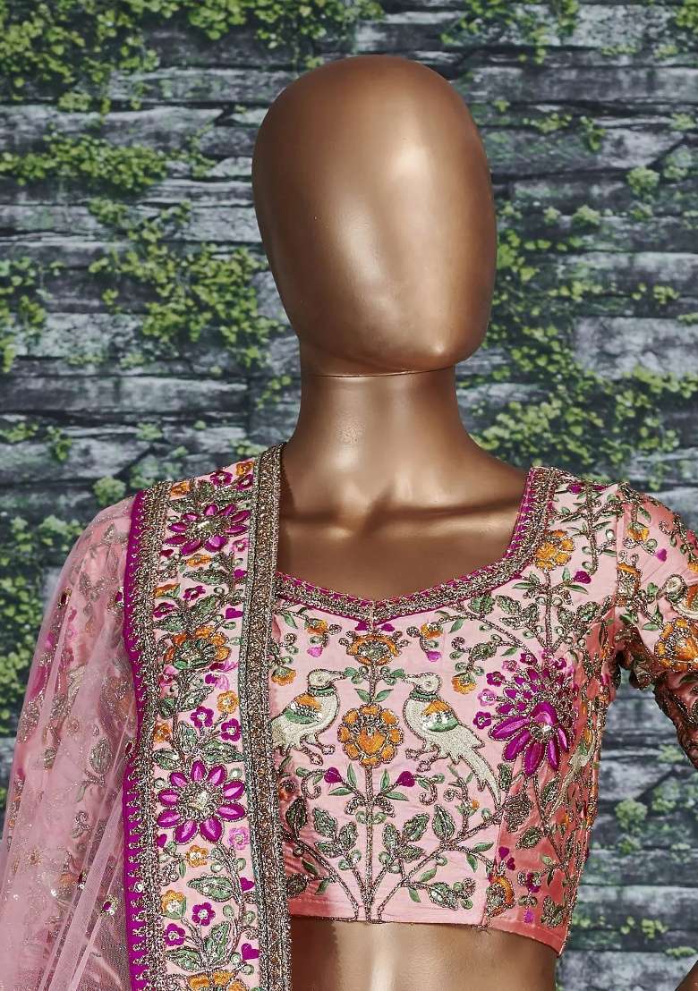 Peach Embroidered Taffeta Lehenga Set - Indya