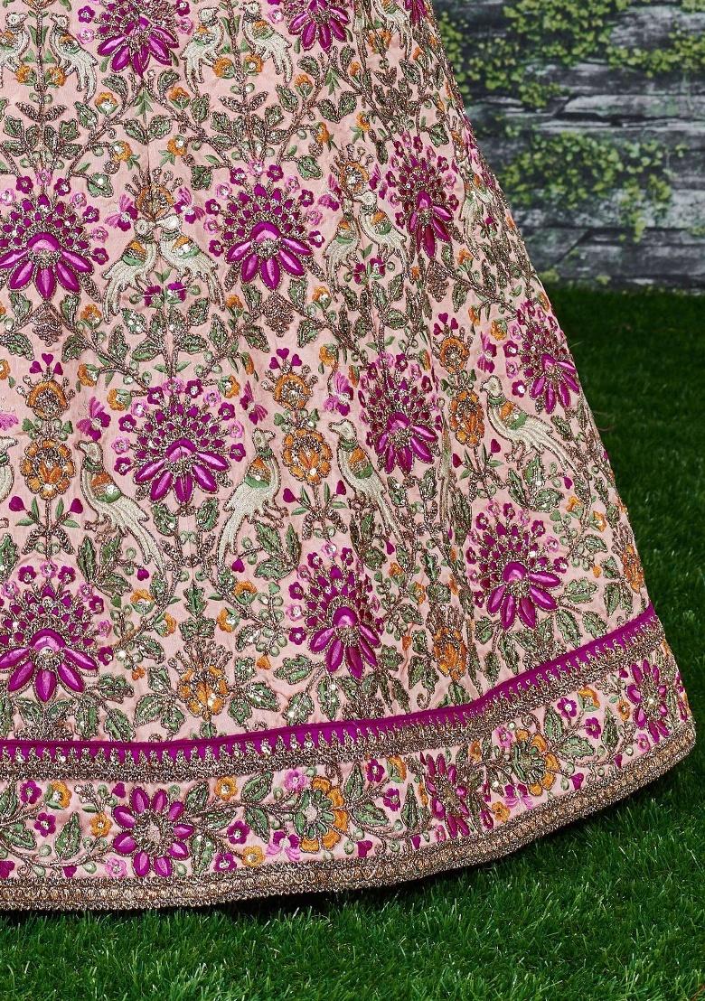 Peach Embroidered Taffeta Lehenga Set - Indya