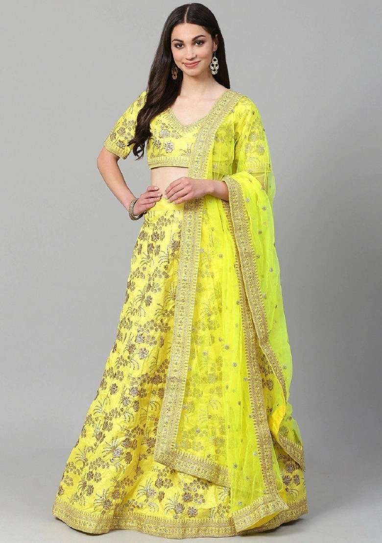 Green Embroidered Silk Blend Lehenga Set - Indya