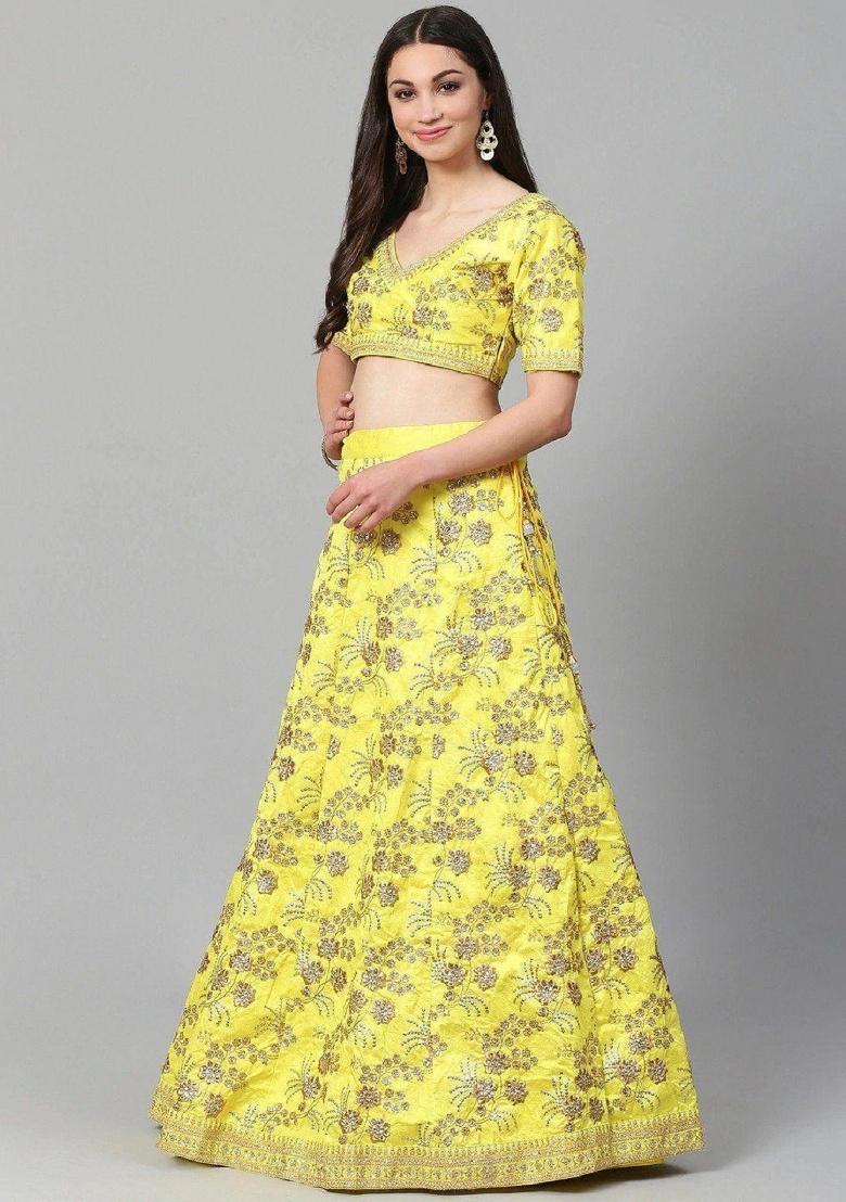 Green Embroidered Silk Lehenga Set - Indya