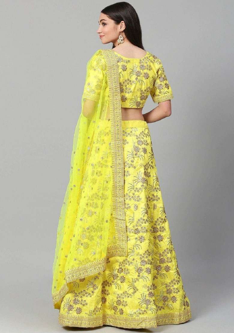 Green Embroidered Silk Blend Lehenga Set - Indya