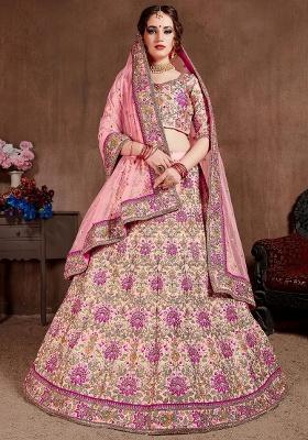 Peach Embroidered Taffeta Lehenga Set
