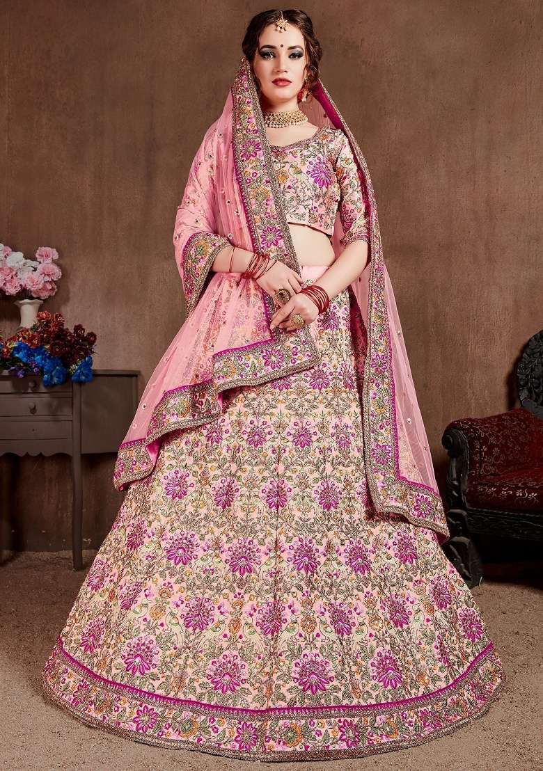 Peach Embroidered Taffeta Lehenga Set - Indya