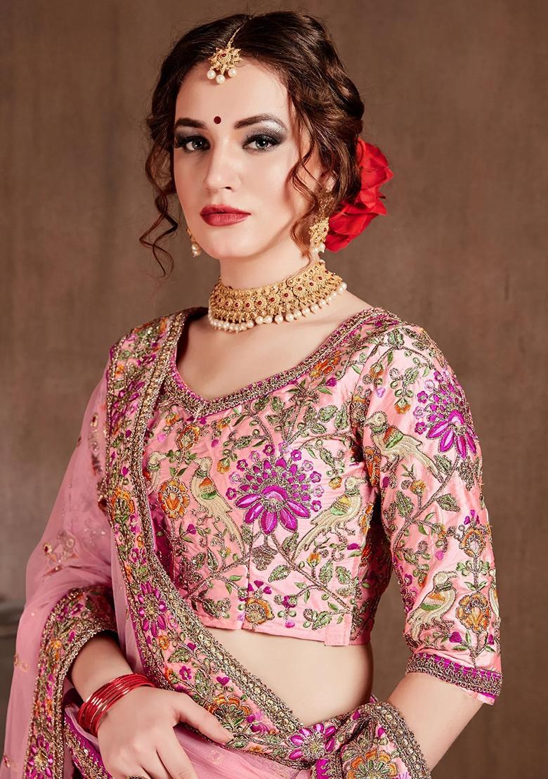 Peach Embroidered Taffeta Lehenga Set - Indya