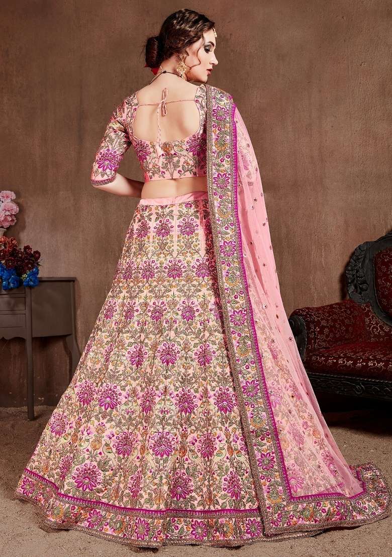 Peach Embroidered Taffeta Lehenga Set - Indya