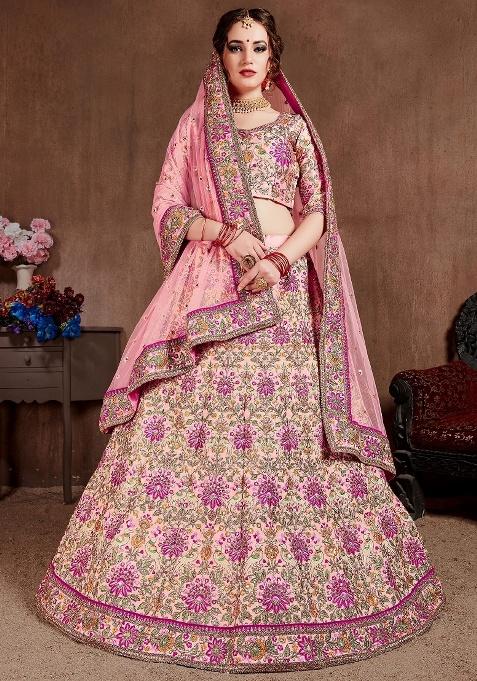 Peach Embroidered Taffeta Lehenga Set