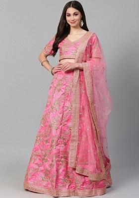Pink Embroidered Silk Lehenga Set