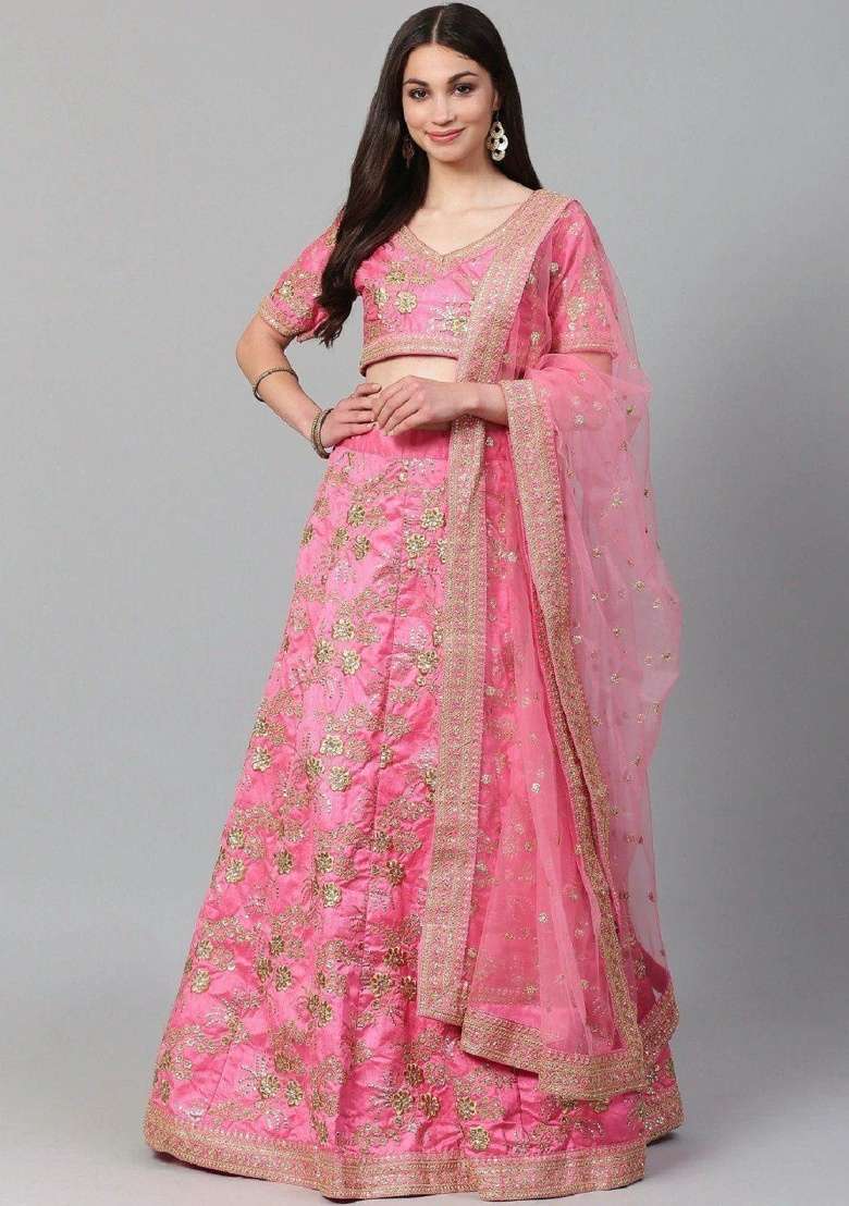 Pink Embroidered Silk Blend Lehenga Set - Indya