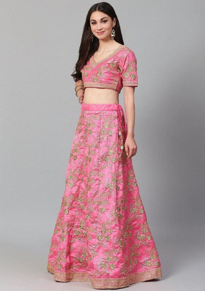 Pink Embroidered Silk Lehenga Set - Indya