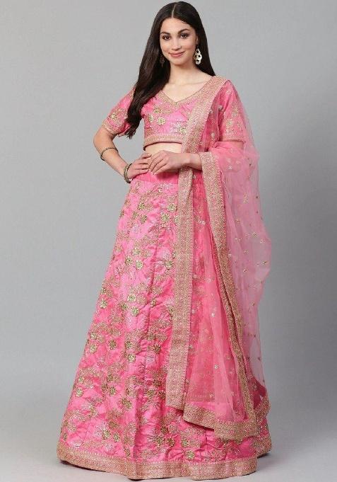 Pink Embroidered Silk Lehenga Set