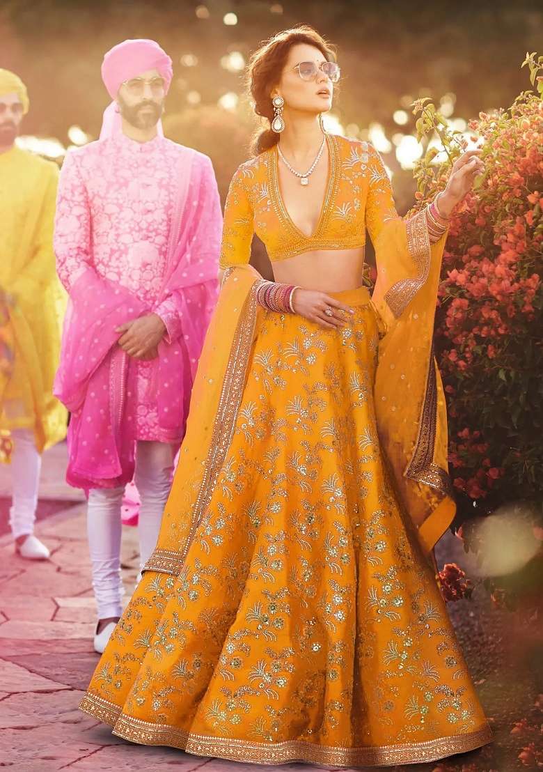 Yellow Embroidered Silk Blend Lehenga Set - Indya