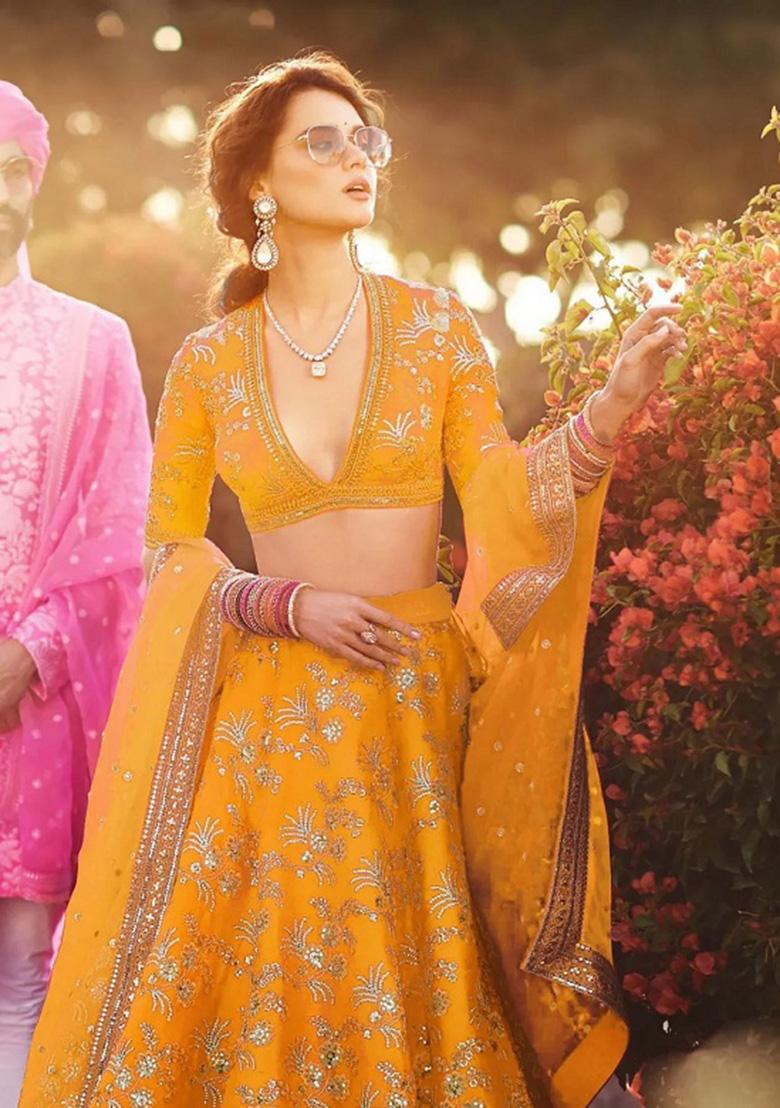 Yellow Embroidered Silk Lehenga Set - Indya