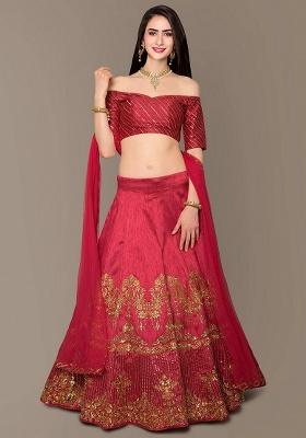 Red Embroidered Silk Lehenga Set
