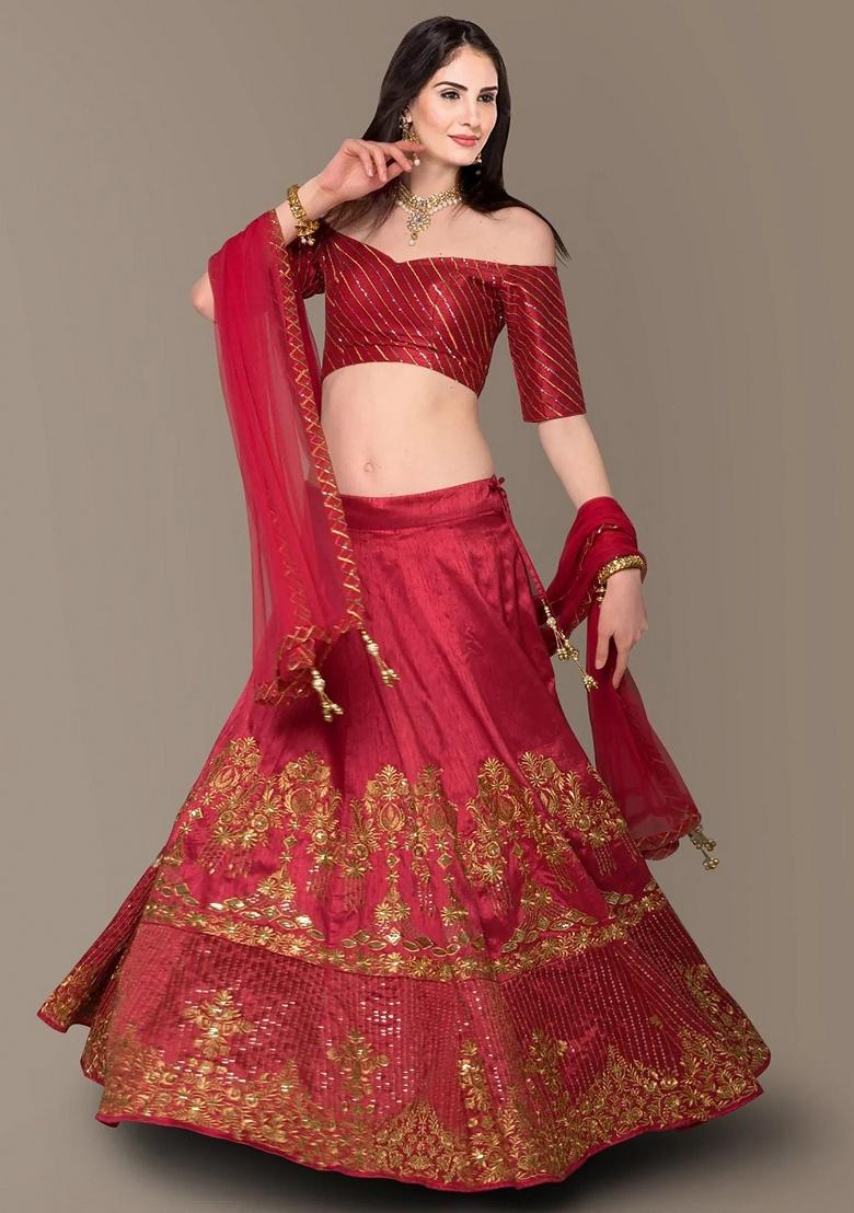 Red Embroidered Silk Lehenga Set - Indya