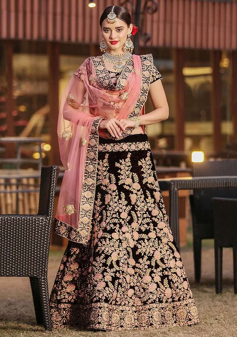 Maroon Embroidered Velvet Lehenga Set - Indya