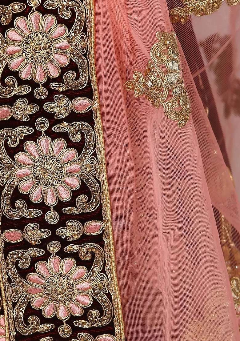 Maroon Embroidered Velvet Lehenga Set - Indya