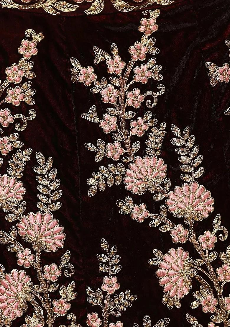 Maroon Embroidered Velvet Lehenga Set - Indya
