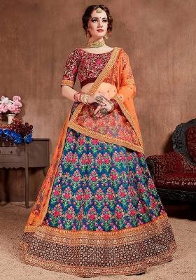 Blue Embroidered Silk Lehenga Set