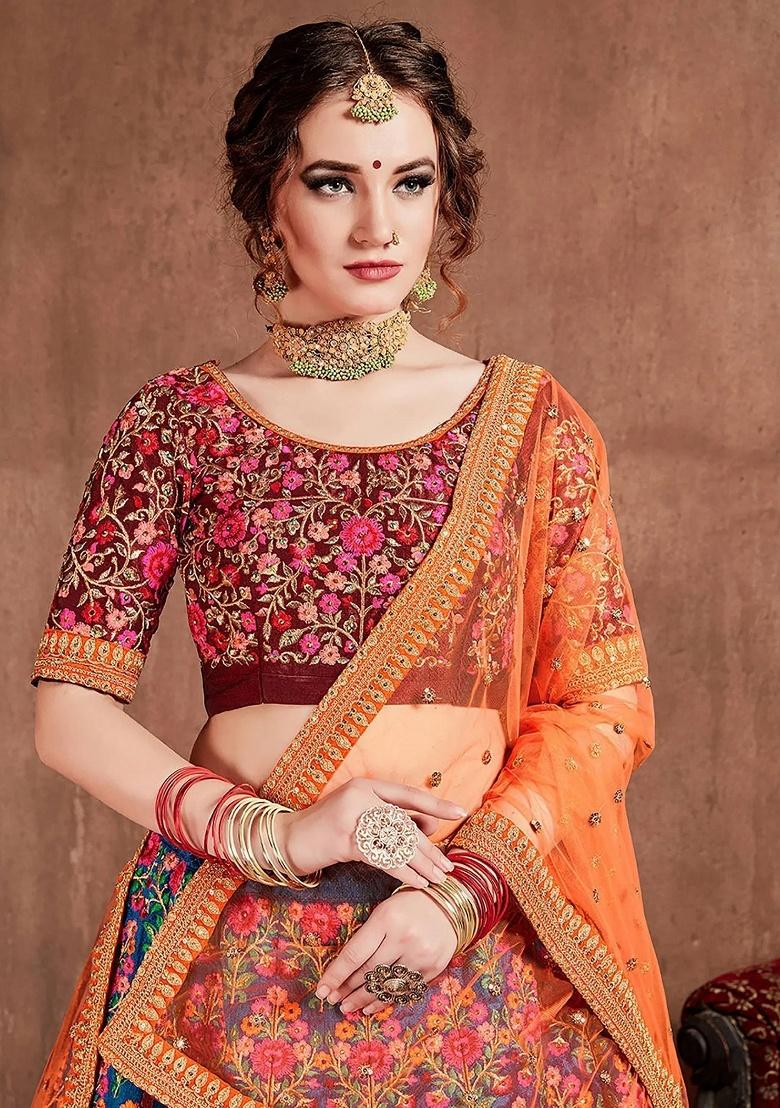 Blue Embroidered Silk Lehenga Set - Indya