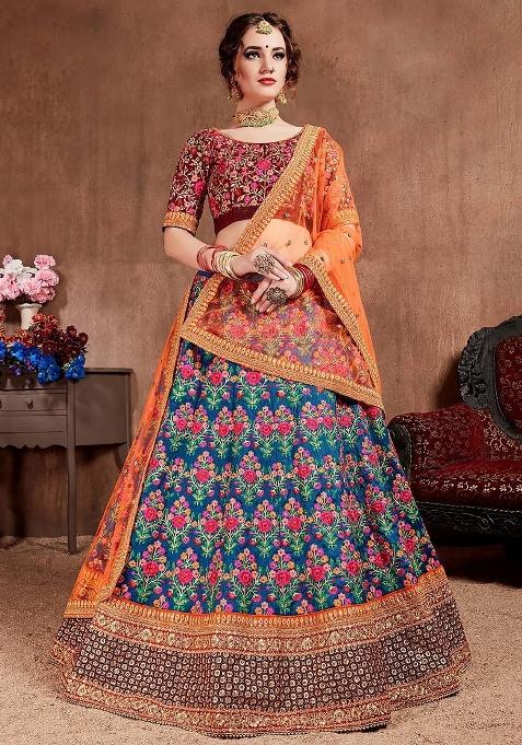 Blue Embroidered Silk Lehenga Set