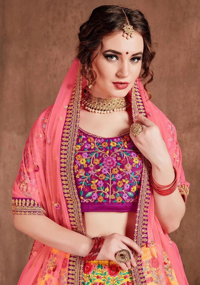 Yellow Embroidered Silk Lehenga Set - Indya