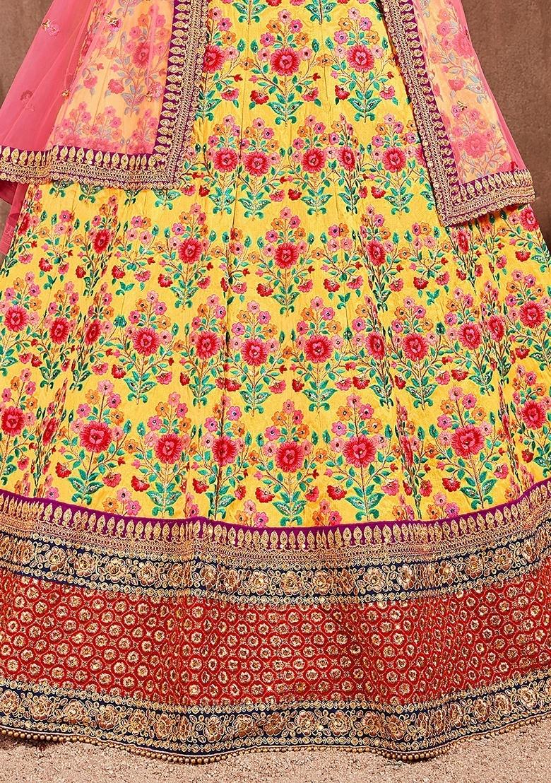 Yellow Embroidered Silk Lehenga Set - Indya