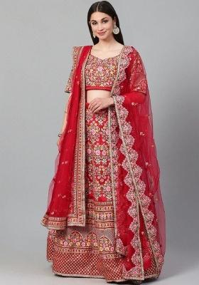 Red Embroidered Silk Lehenga Set