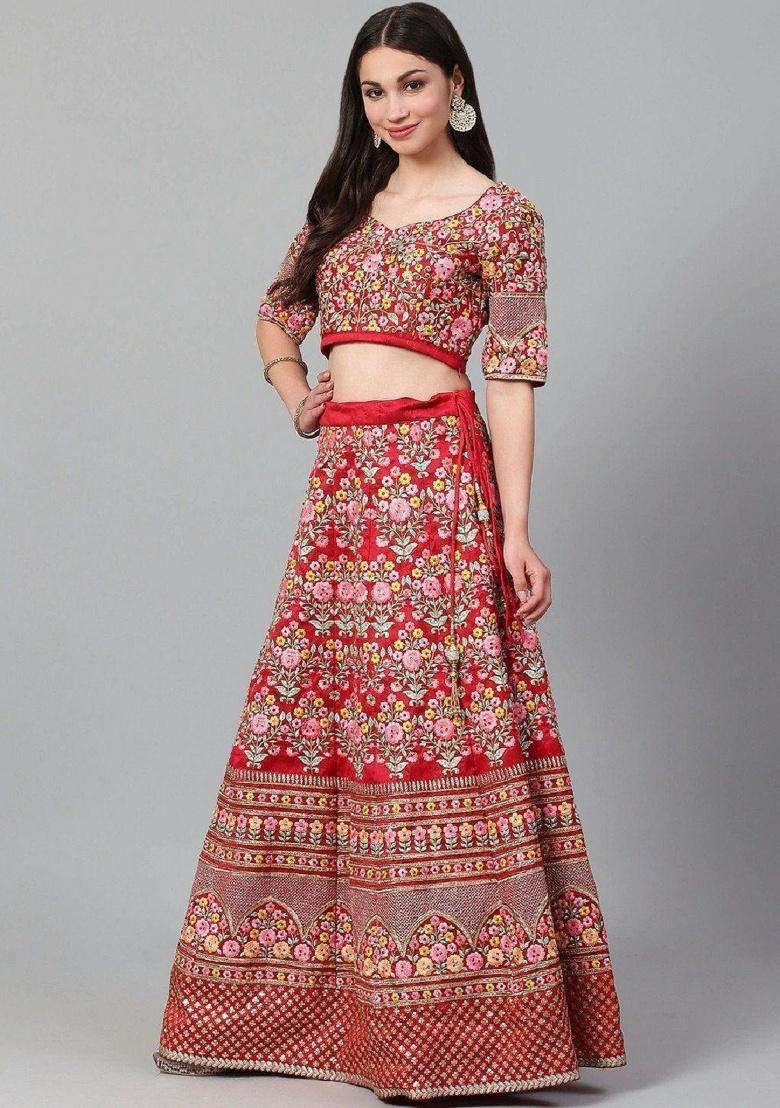 Red Embroidered Silk Lehenga Set - Indya