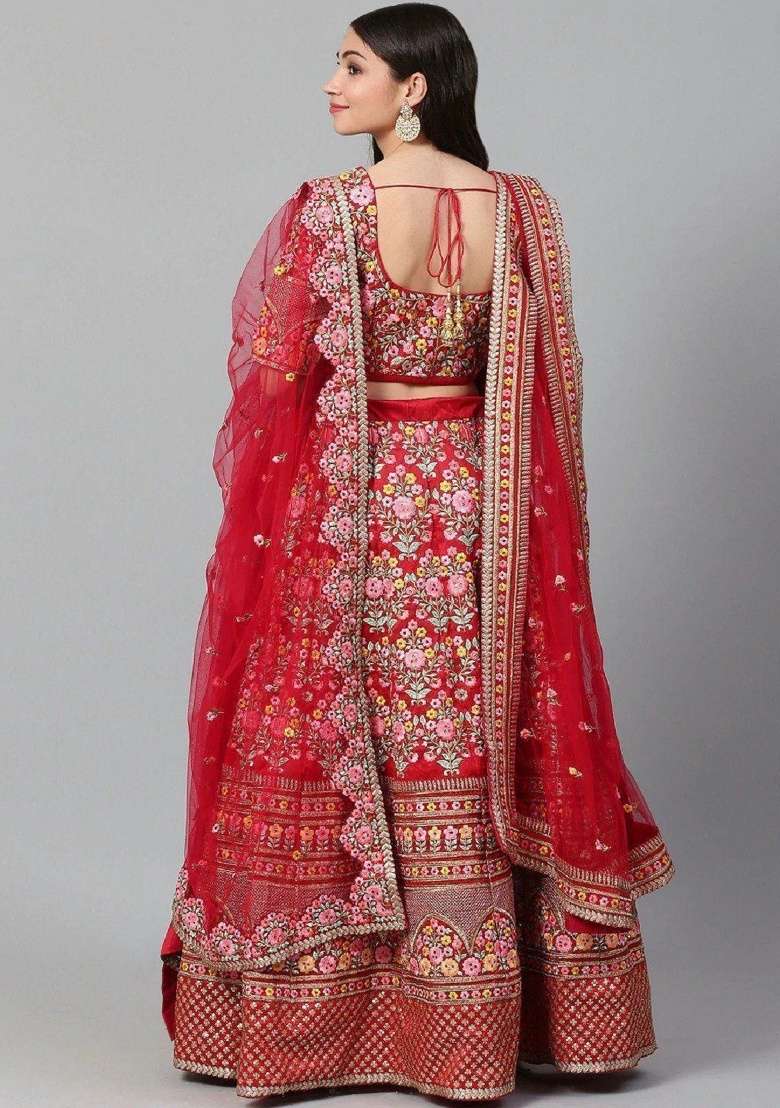 Red Embroidered Silk Blend Lehenga Set - Indya