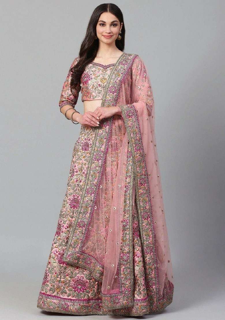 Peach Embroidered Taffeta Lehenga Set - Indya