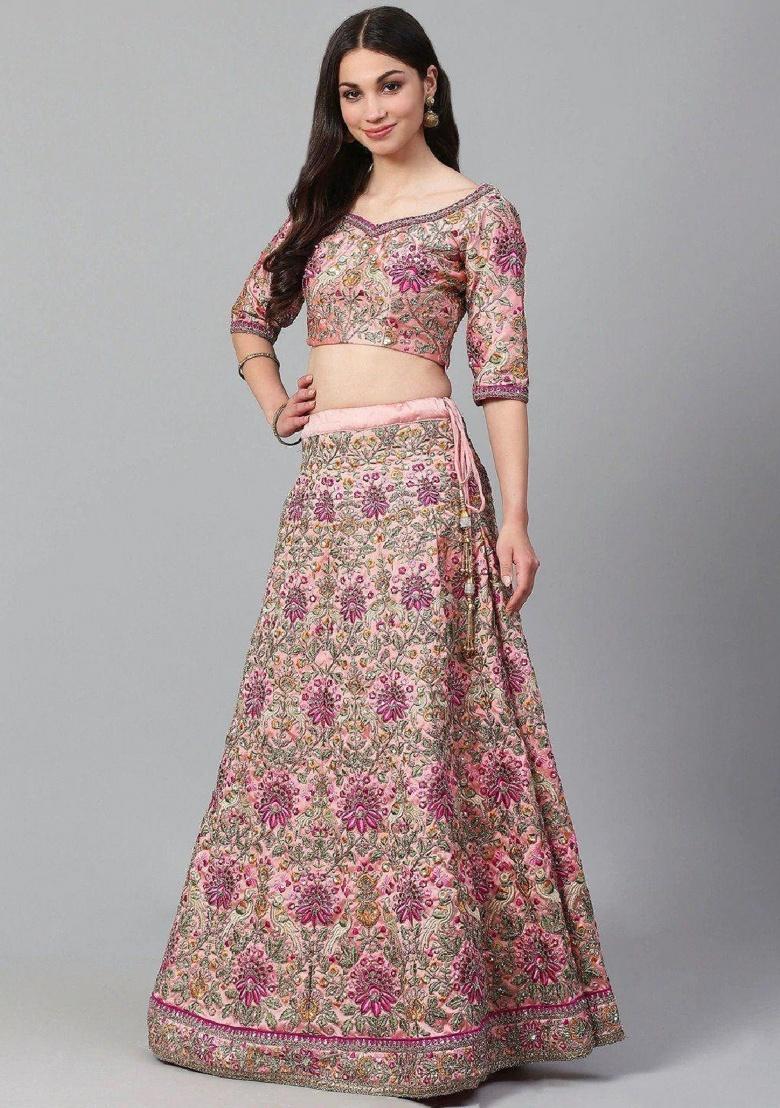 Peach Embroidered Taffeta Lehenga Set - Indya