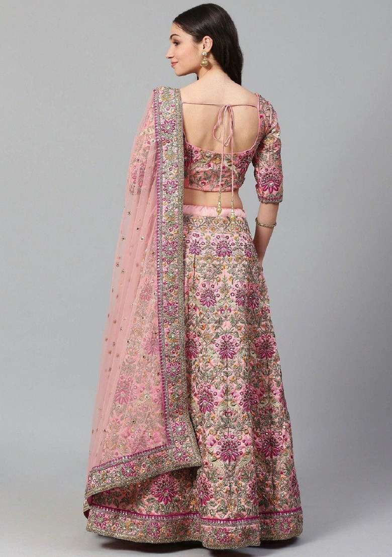 Peach Embroidered Taffeta Lehenga Set - Indya