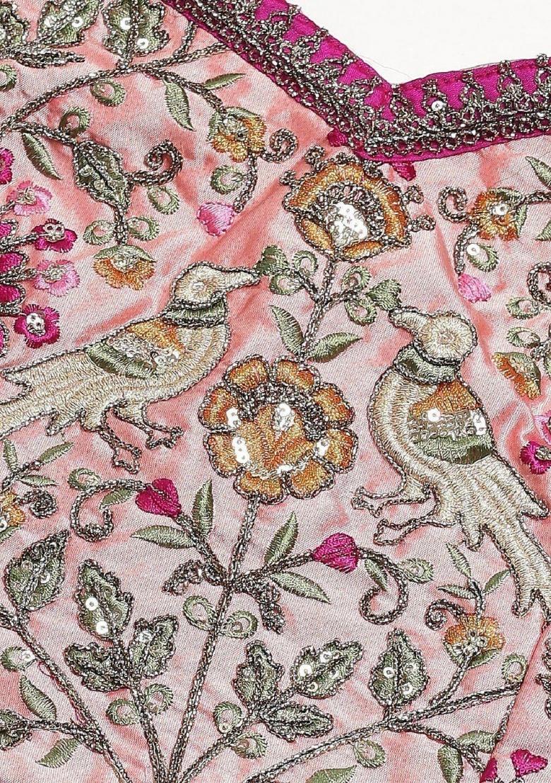 Peach Embroidered Taffeta Lehenga Set - Indya