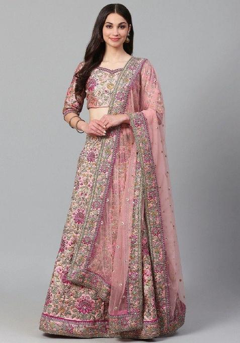 Peach Embroidered Taffeta Lehenga Set