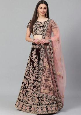 Maroon Embroidered Velvet Lehenga Set