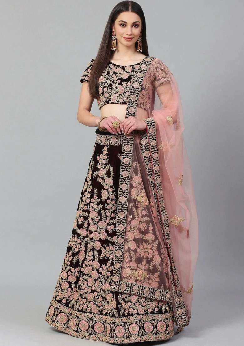 Maroon Embroidered Velvet Lehenga Set - Indya