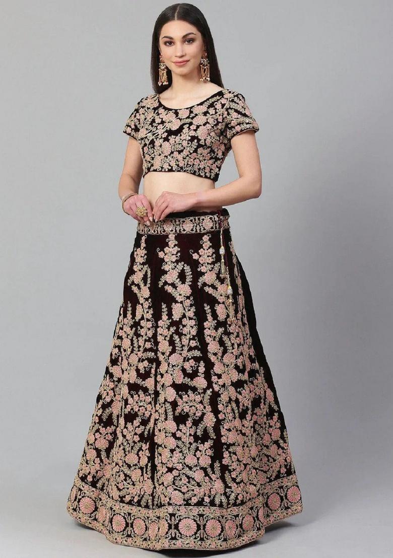 Maroon Embroidered Velvet Lehenga Set - Indya