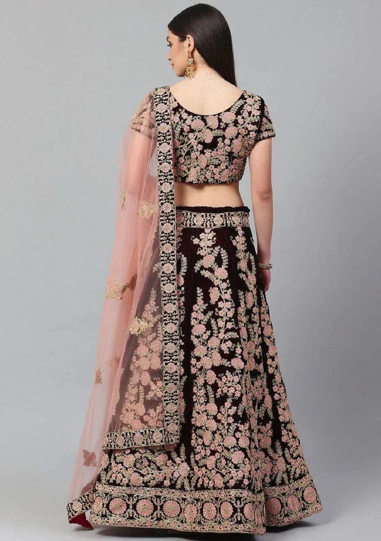Maroon Embroidered Velvet Lehenga Set - Indya