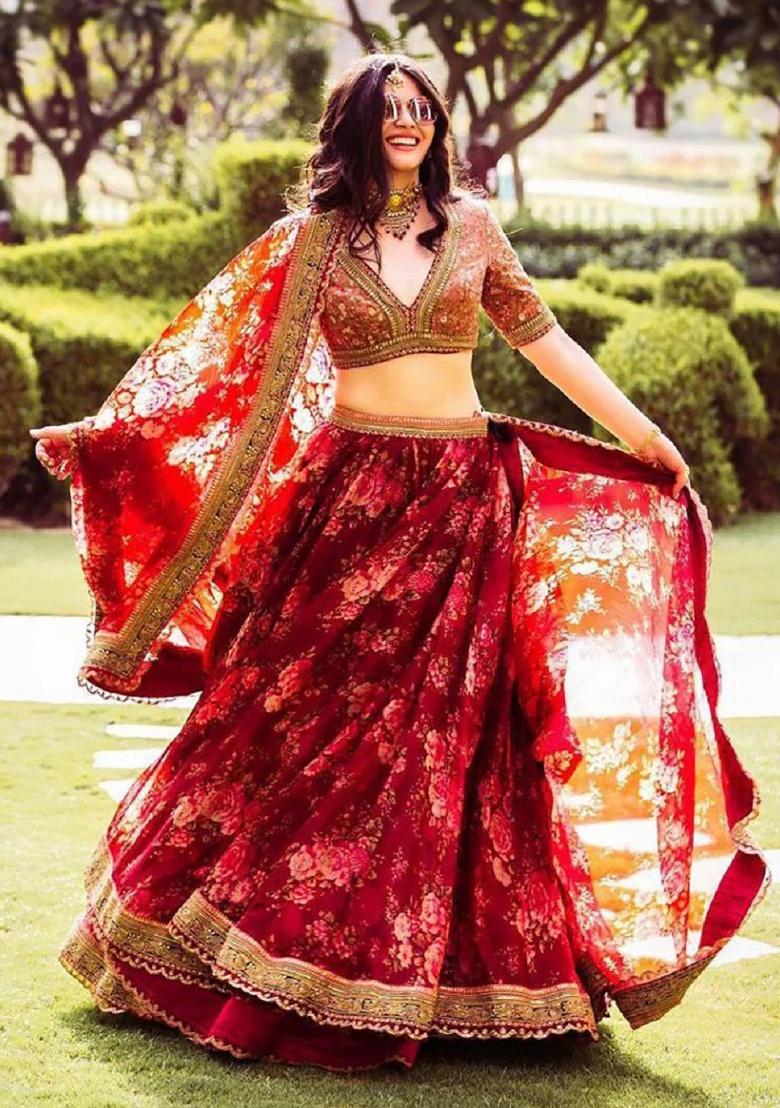 Maroon Embroidered Tissue Lehenga Set - Indya