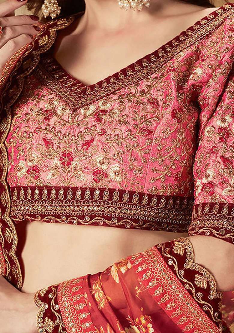 Maroon Embroidered Tissue Lehenga Set for Diwali and Festive Wear - Indya