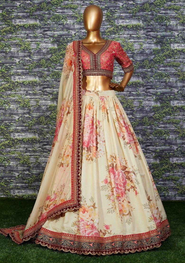 Peach Embroidered Organza Lehenga Set - Indya