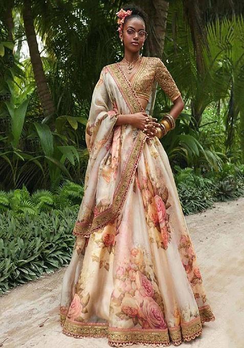 Peach Embroidered Organza Lehenga Set