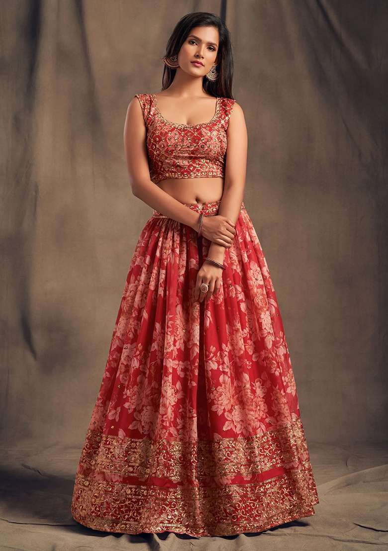 Red Organza Lehenga Set with Embroidered for Diwali | Wedding & Festive Wear - Indya
