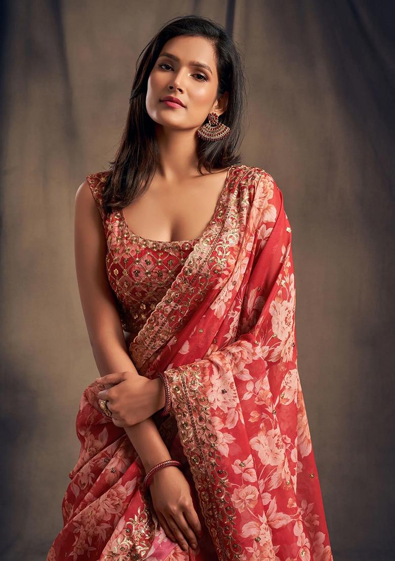 Red Embroidered Organza Lehenga Set - Indya