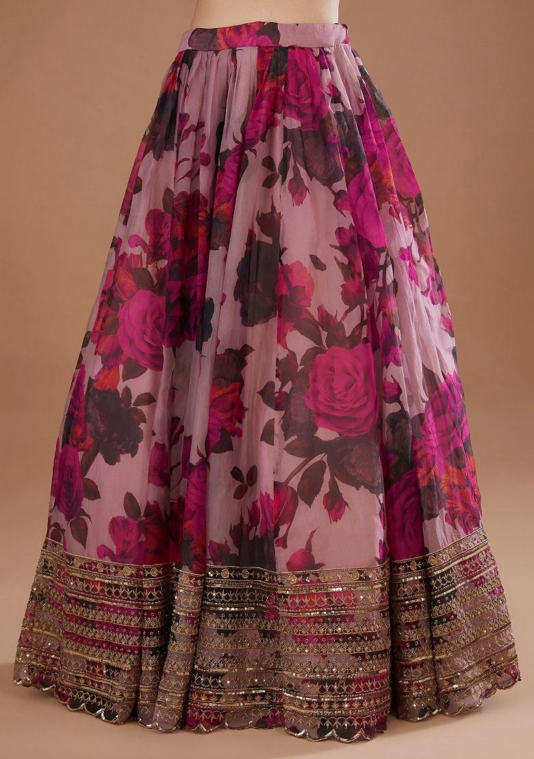 Pink Embroidered Organza Lehenga Set - Indya